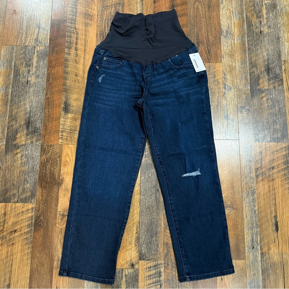 NWT Sonoma Maternity Straight Leg Full Belly Band Dark Wash Jeans 14 Short